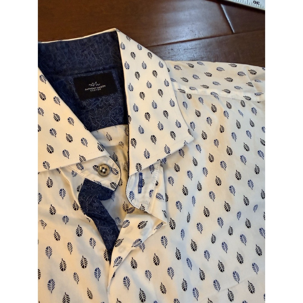 Men's Long Sleeve Shirt L Bespoke Quality Custom Made Anthony Mason Navy  AOP